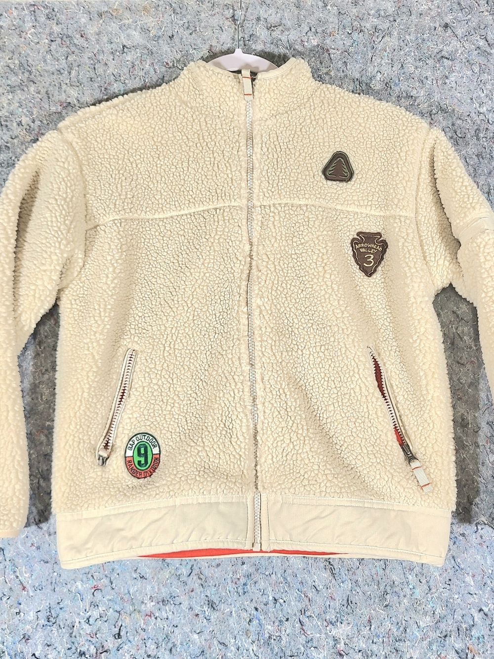 GAP Kids Sherpa Fleece Jacket Youth Large 10 Cream Full Zip Outdoor Patches